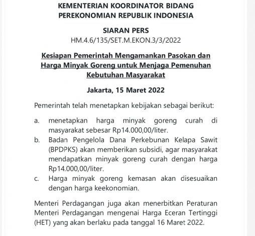 Harga Minyak Goreng di Atas HET, Pemerintah Akan Subsidi dari Dana BPDP-KS 1 Harga Minyak Goreng di Atas HET, Pemerintah Akan Subsidi dari Dana BPDP-KS 2